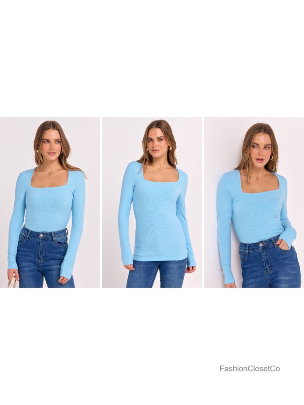 Long Sleeve Square Neck Ribbed Skinny Fit Top Women's Pullover - Picture 6 of 6
